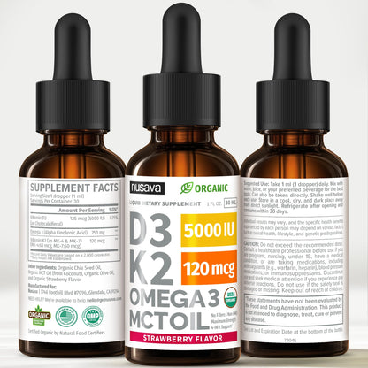 (2 Pack) Organic Vitamin D3 K2 Drops with MCT Oil & Omega 3 - Liquid Vitamin D3 5000 IU - K2 D3 Vitamin Supplement - Vitamin D Drops for Women & Men - No Fillers, Non-GMO, GMP, Unflavored (2 Fl Oz)
