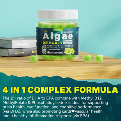 Vegan Omega-3 Gummies for Adults, Fish Oil Alternative from Algae Oil, Plant Based DHA 460mg & EPA 230mg Plus MethylFolate, Vitamin B12, Phosphatidylserine, No Fishy Taste, Vegan, Sugar Free, 60 Cts
