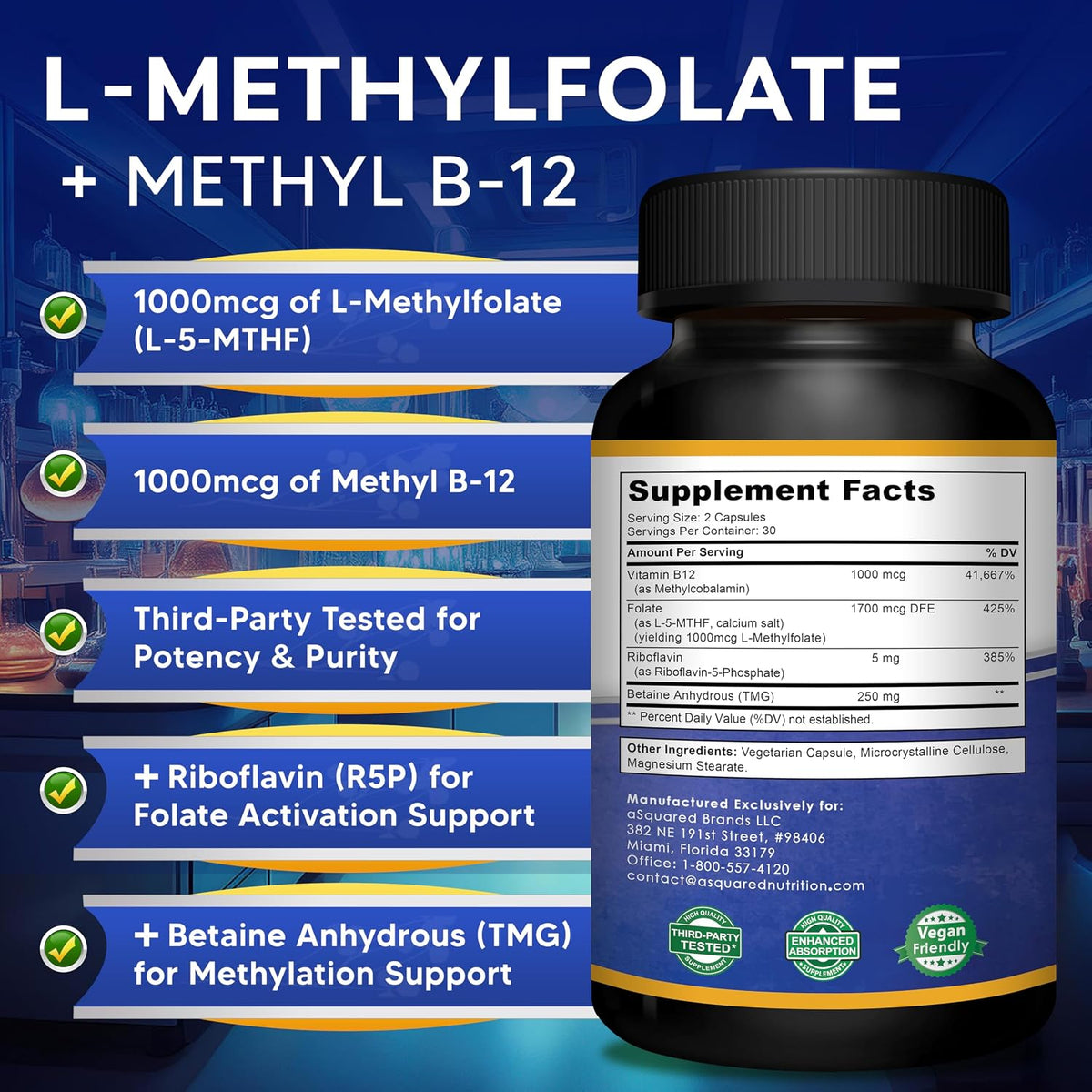 aSquared Nutrition L Methylfolate Plus Methyl B12 - Methylated Folate Supplement for Women & Men - 5-MTHF (Active Vitamin B9) 1000 mcg & B-12 1mg - B Complex - 60 Capsules