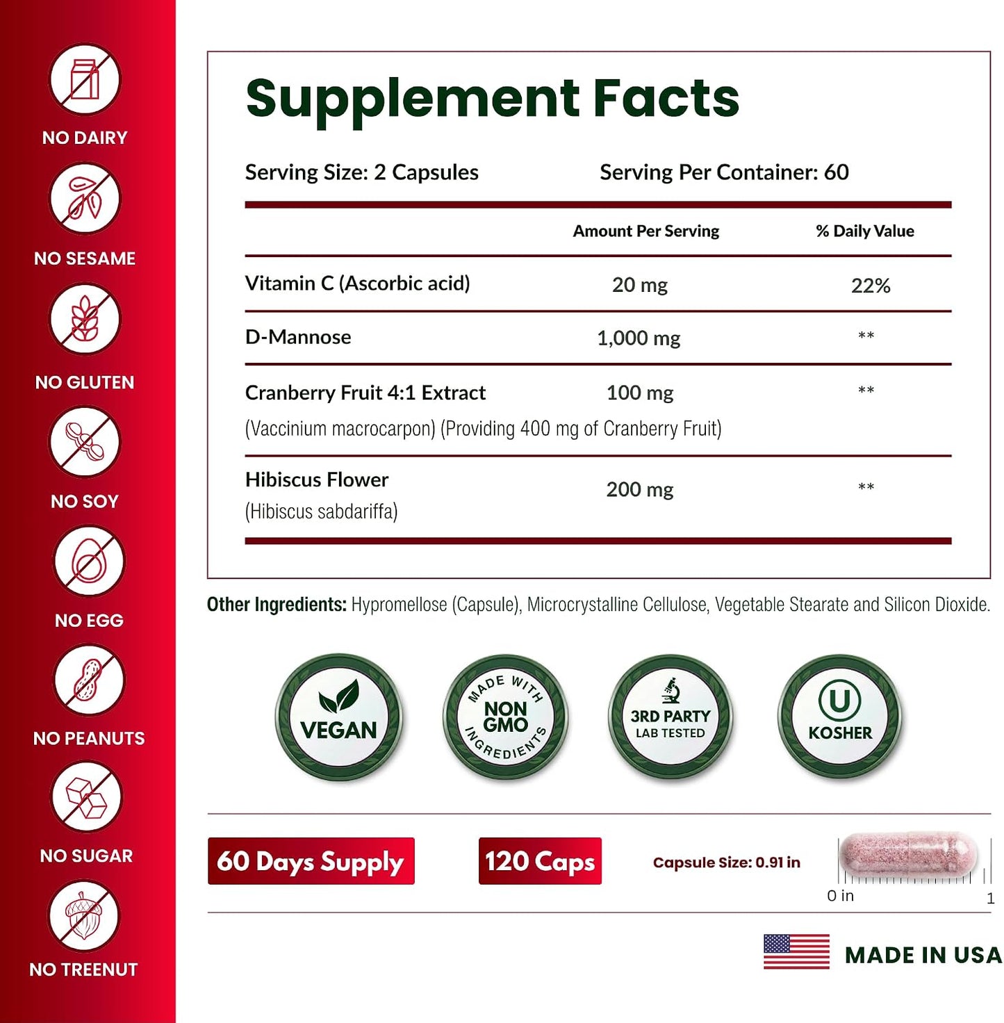 ForestLeaf D Mannose Supplements for Women & Men - D-Mannose 1000mg Capsules with Cranberry, Hibiscus & VIT C - DMannose Pills for UTI, Urinary Tract & Bladder Support - 120 Caps
