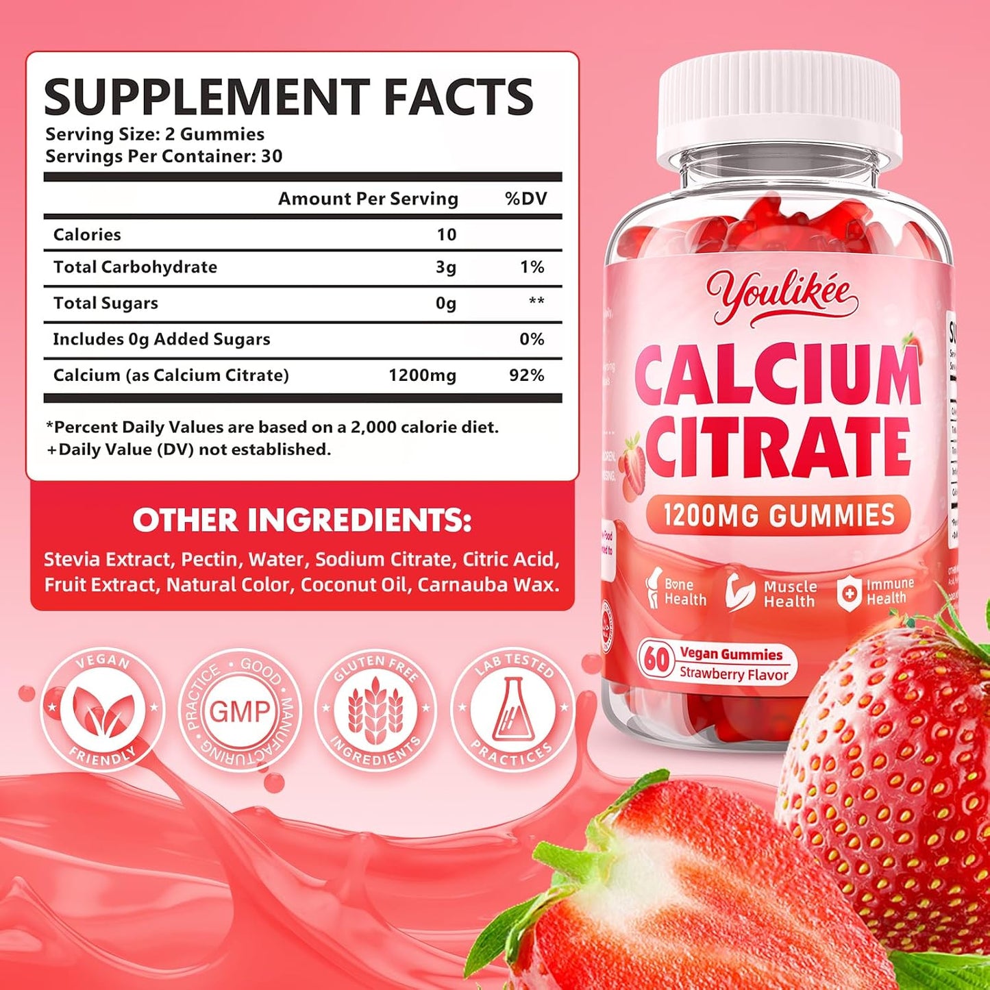 Calcium Citrate Gummies 1200 mg, Calcium Supplement for Women & Men | Ultimate Absorption Calcium Gummies for Muscle & Immune Support, Strawberry Flavor, 60 Count