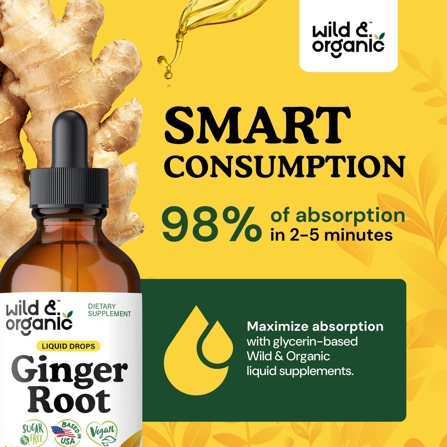 Wild & Organic Ginger Root Extract Drops - Immune & Digestive Support - Liquid Ginger Supplements - Easy to Add to Tea - Vegan, Sugar & Alcohol-Free Tincture - 4 fl oz