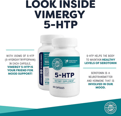 Vimergy 5-HTP, 150mg Per Serving, Vegan Capsules, 60 Servings | Promotes Healthy Mood and Sleep*, Ideal for Vital Mind and Energy, Rejuvenating formulation*, Clean Formula, Kosher
