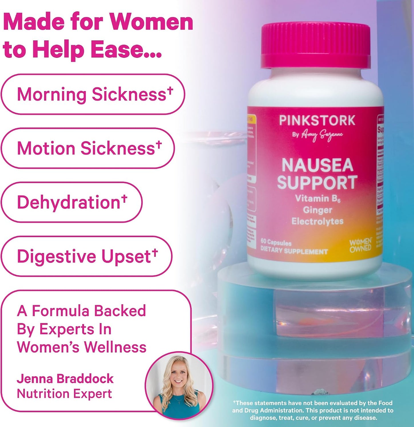 Pink Stork Vitamin B6, Ginger, Electrolyte Capsule, 60ct | Motion Sickness, +GLP-1 Support, Natural Digestive Support with Peppermint, Potassium, Magnesium, Gentle on the Stomach