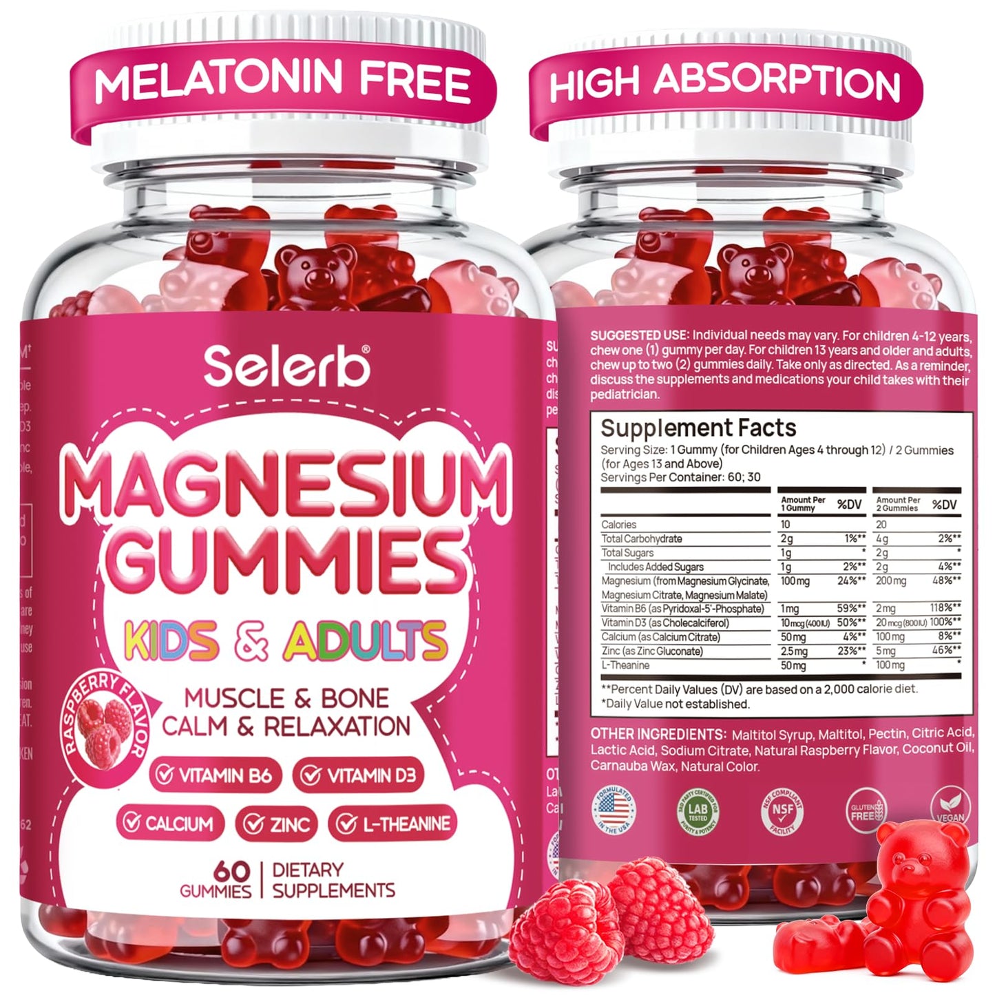 Magnesium Glycinate Gummies for Kids & Adults Melatonin Free Calm Magnesium Gummies with Citrate, Malate, B6, D3, Calcium & L-Theanine for Sleep Relaxation, Bone & Muscle Magnesium for Kids 2 Packs