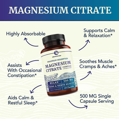 Magnesium Citrate Complex 500 MG for Calm, Relaxation, Constipation & Digestion