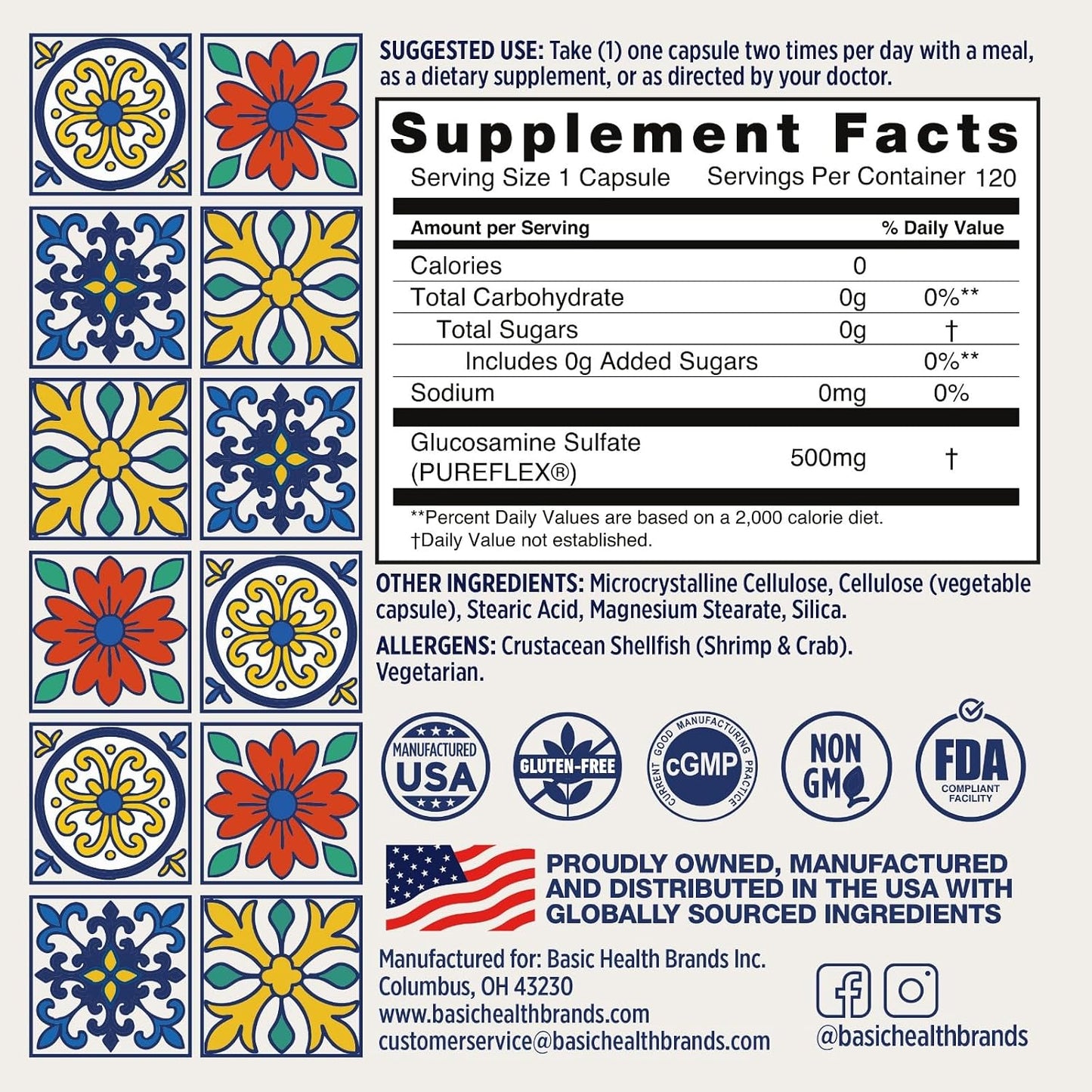 Basic Brands Pura Salud Pureflex Glucosamine Sulfate, 500mg 120 Count | Joint Health Support