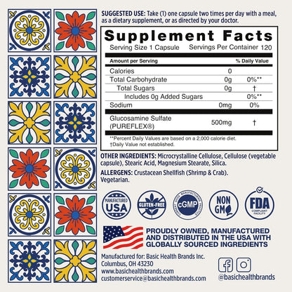 Basic Brands Pura Salud Pureflex Glucosamine Sulfate, 500mg 120 Count | Joint Health Support