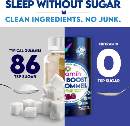 NUTRAMIN Sleep Boost - Dual Sleep Formula Melatonin + Herbal Blend - Sugar-Free, Vegan, Apple Pectin, Dark Cherry 60 ct