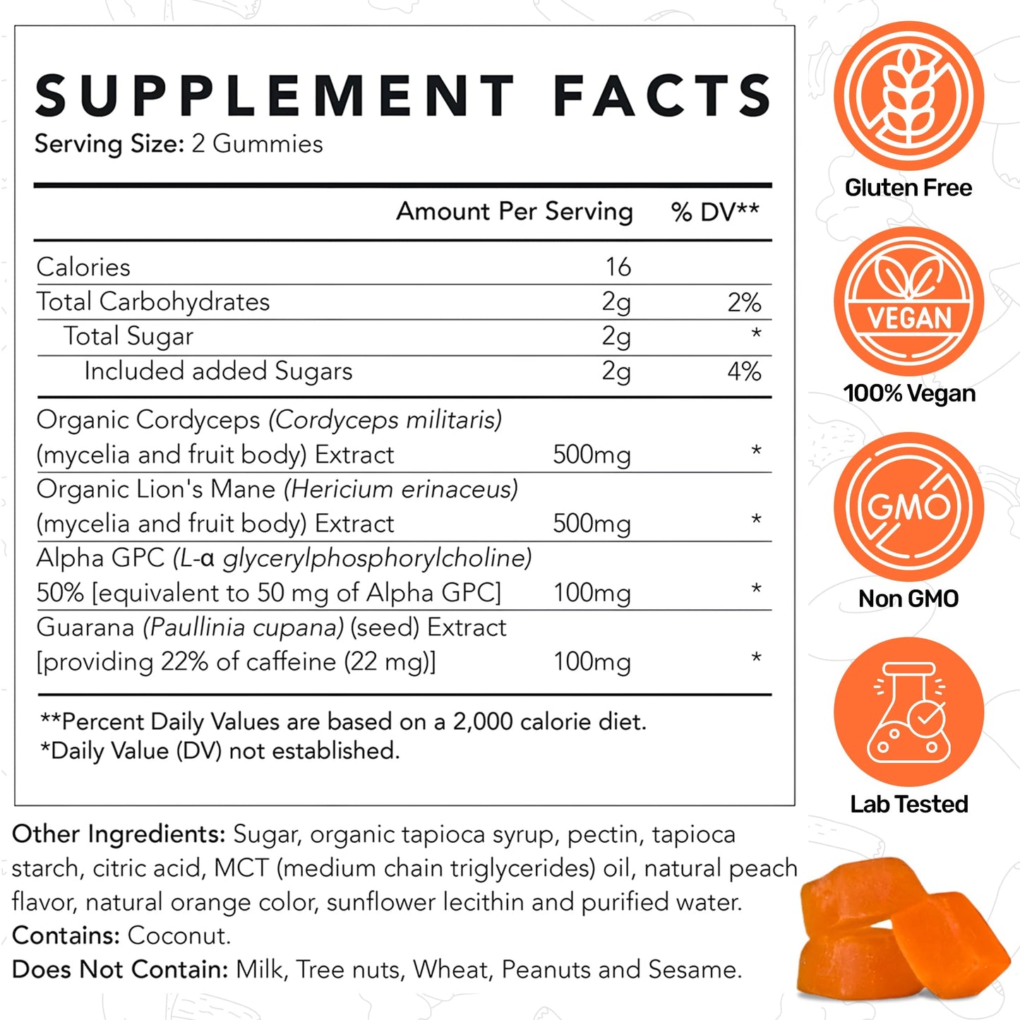 Life Cykel - AM Energy and Focus Mushroom Gummies, 60 Count - Organic Lion's Mane Gummies with Cordyceps, Guarana & Alpha GPC for Mental Clarity, Natural Energy, Endurance & Focus - Lemon Peach Flavor