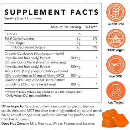 Life Cykel - AM Energy and Focus Mushroom Gummies, 60 Count - Organic Lion's Mane Gummies with Cordyceps, Guarana & Alpha GPC for Mental Clarity, Natural Energy, Endurance & Focus - Lemon Peach Flavor