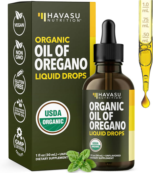 Organic Oil of Oregano Drops, 200 Servings, 1 Fl Oz High Strength Carvacrol | Oregano Oil Liquid Drops for Daily and Seasonal Immune Support, 6 Month Supply, Alcohol Free, Non-GMO, USDA Certified, Vegan