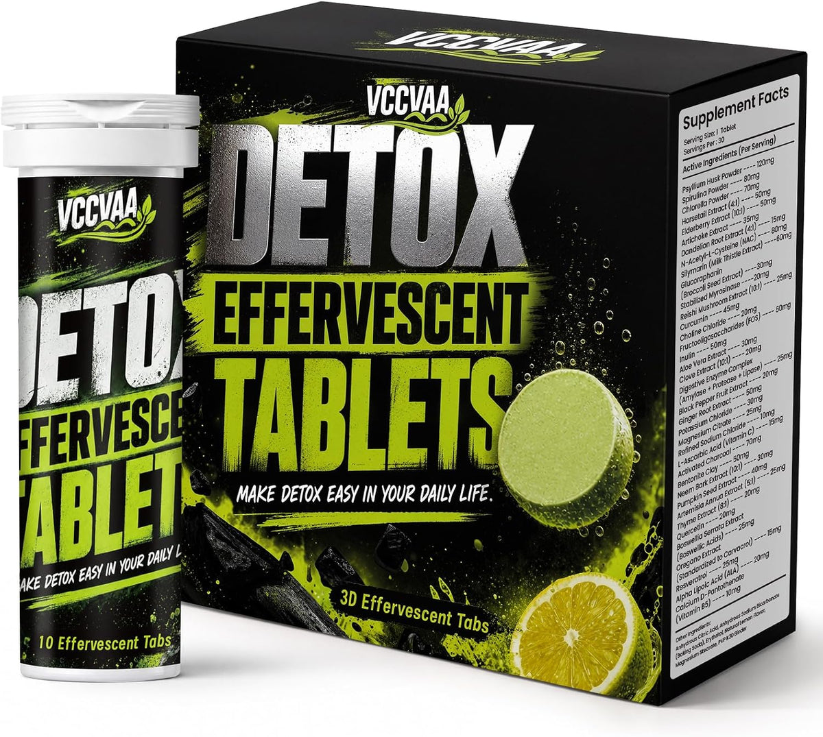 Detox Effervescent Tablets - All-in-One Daily Cleanse & Liver Support Drink with Milk Thistle, NAC, Activated Charcoal, Digestive Enzymes & Electrolytes - Fizzy Lemon Flavor, 30 Count