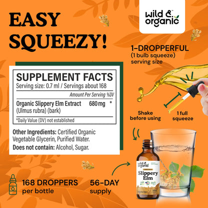 Wild & Organic Slippery Elm Liquid Drops - Lung, Digestive & Women's Support - Slippery Elm Bark Supplement - Add to Tea Tincture - Ulmus Rubra Herb - Vegan, Sugar & Alcohol-Free - 4 fl oz