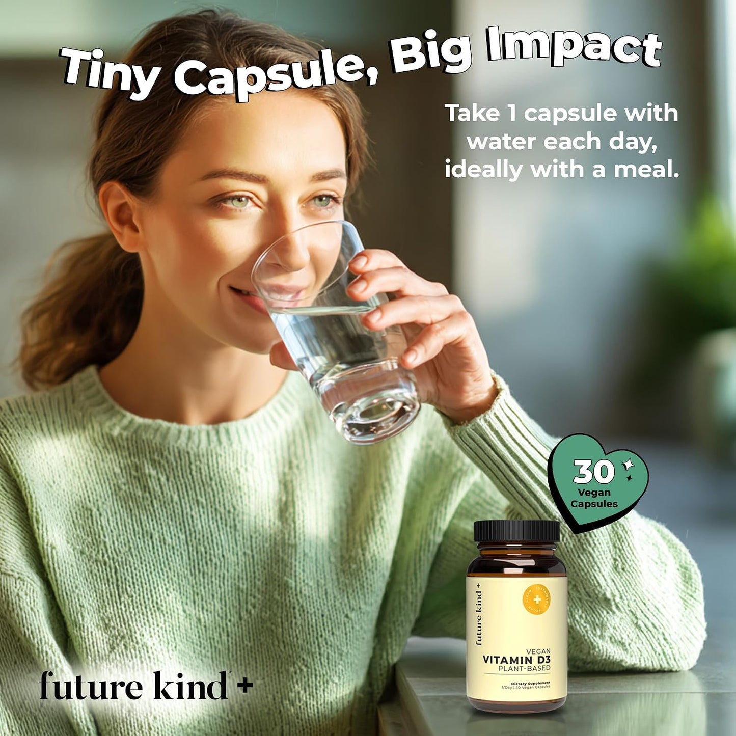 Future Kind Vitamin D3 2500 IU for Bone and Muscle Function, Vitamin D Vegan Supplement from Plant Lichen, Non-GMO, Sugar Free, Pure Vitamin D3, Promotes Natural Resilience, 30 Capsules