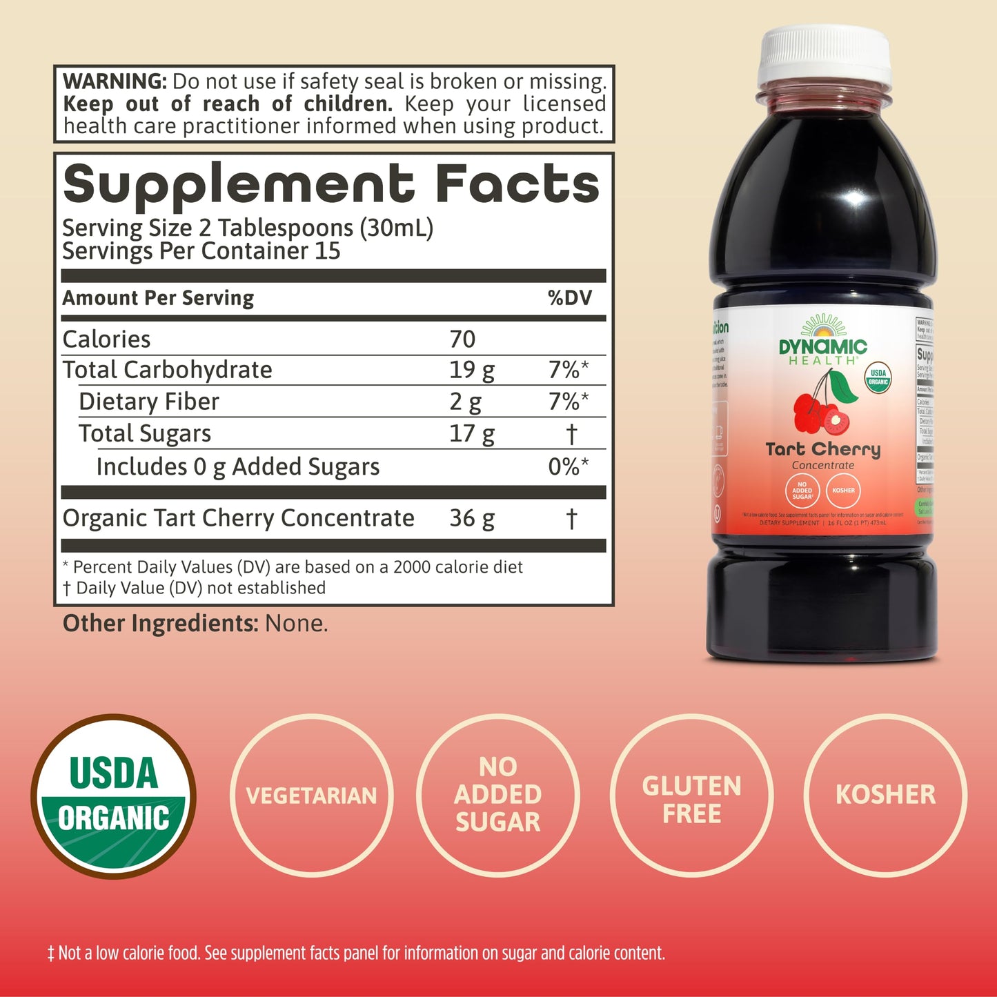 Dynamic Health Organic Tart Cherry Juice, Unsweetened 100% Juice Concentrate, Antioxidants Supplement, No Sweeteners or Additives, Vegan, Gluten Free, BPA Free (32oz)