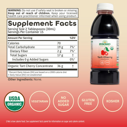 Dynamic Health Organic Tart Cherry Juice, Unsweetened 100% Juice Concentrate, Antioxidants Supplement, No Sweeteners or Additives, Vegan, Gluten Free, BPA Free (32oz)