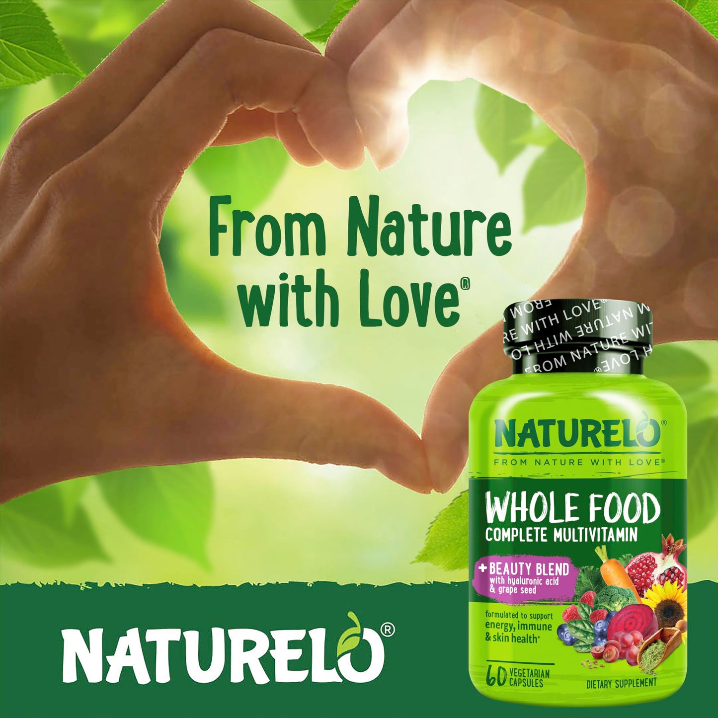 NATURELO Whole Food Multivitamin with Extra Hair, Skin and Nails Support - Beauty Blend with Hyaluronic Acid & Grape Seed - High Potency Biotin, Vitamin C, and Glutathione - 60 Vegan Capsules