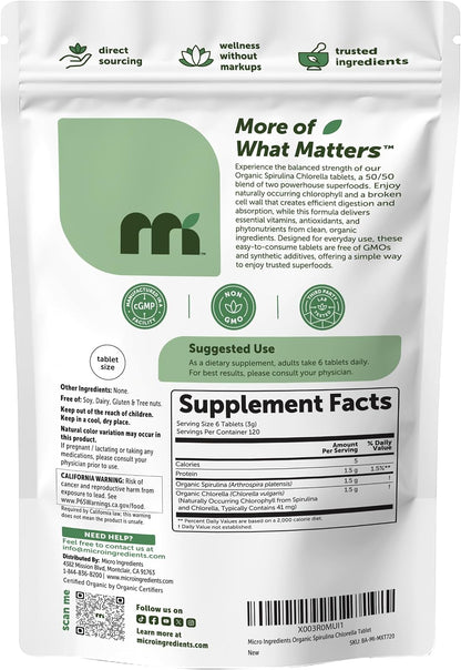 Micro Ingredients Organic Spirulina Chlorella Tablets, 720 Count | 4 Month Supply | 50/50 Algae Blend | Broken Cell Wall | Non-GMO, Filler Free