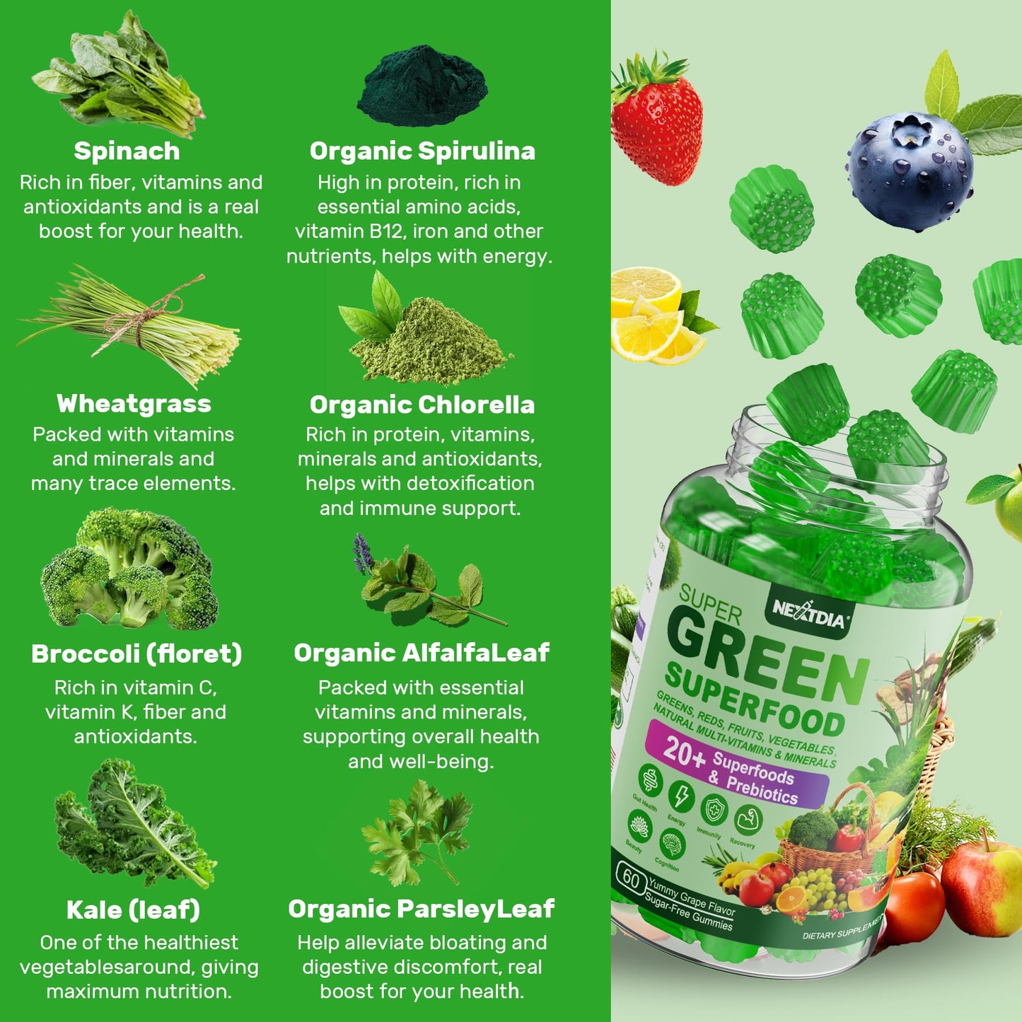 Super Greens Multivitamin Gummies, Greens Superfood Gummies w/Spirulina, Chlorella, Multivitamins, Prebiotic Fiber, Adaptogens, Adults Vitamins for Gut Health, Immunity, Focus & Energy, 120Cts