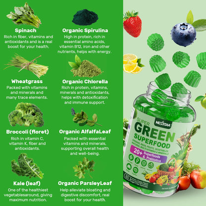 Super Greens Multivitamin Gummies, Greens Superfood Gummies w/Spirulina, Chlorella, Multivitamins, Prebiotic Fiber, Adaptogens, Adults Vitamins for Gut Health, Immunity, Focus & Energy, 120Cts