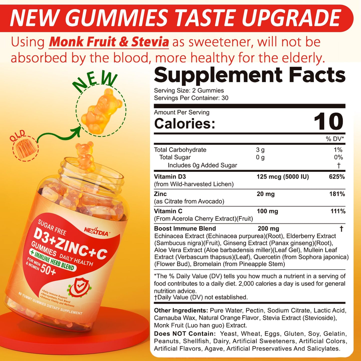 Sugar Free Vitamin C + D3 + Zinc Gummies for Adults 50 +, 9 in 1 Immune Defense Supplement with D3 5000IU, Elderberry, Echinacea, Mullein Leaf for Boost Immunity, Power Antioxidant, Vegan (Pack of 2)
