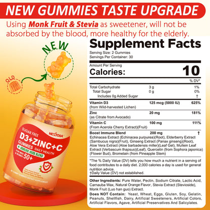 Sugar Free Vitamin C + D3 + Zinc Gummies for Adults 50 +, 9 in 1 Immune Defense Supplement with D3 5000IU, Elderberry, Echinacea, Mullein Leaf for Boost Immunity, Power Antioxidant, Vegan (Pack of 2)