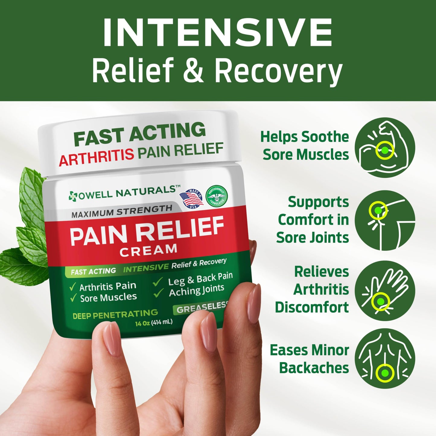 Owell Naturals Deep Penetrating Pain Relief Cream, Maximum Strength Formula for Joints & Muscles, Lower Back, Knees, Hands, Legs, Ankle – Fast Acting Comfort, 7 oz