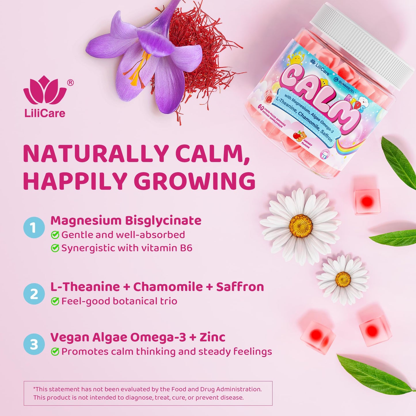 Kids Calm Magnesium Bisglycinate Saffron Gummies + Vegan Omega 3 - Magnesium Glycinate Chelated Supplement for Kids w/L-Theanine & Chamomile, Natural Calming Supplement Focus Gummies Sugar Free, 60ct