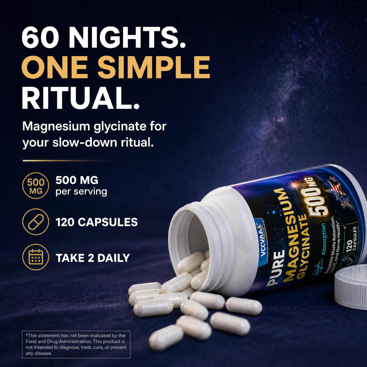 Pure Magnesium Glycinate 500mg Per Serving, High Absorption Magnesium Supplement for Women & Men | Sleep Support, Muscle Cramp Relief, Stress (Pack of 2)