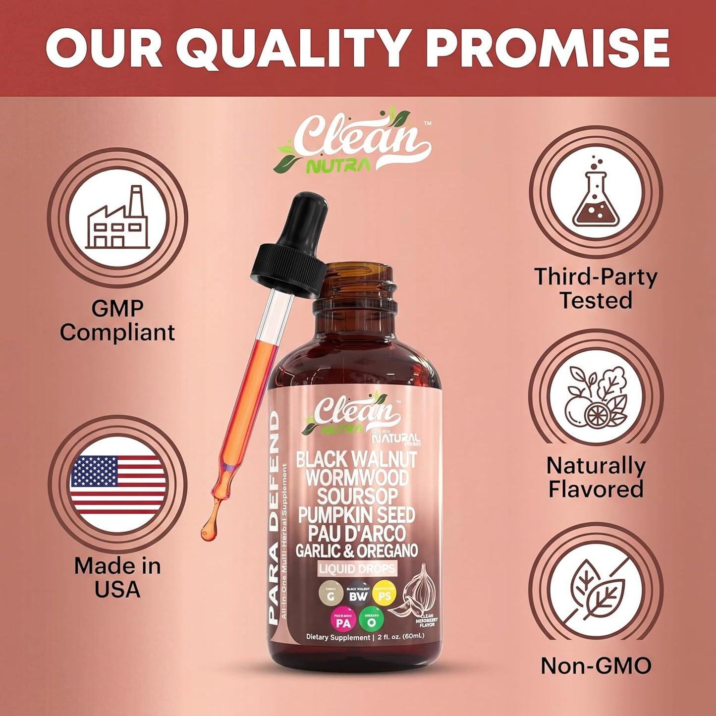 para Defend Wormwood Black Walnut Cleanse for Humans Drops Liquid Soursop Garlic Pumpkin Seed PAU D'Arco Oil of Oregano Turmeric Berberine Neem Extract Hull Bark Tincture by Clean Nutra