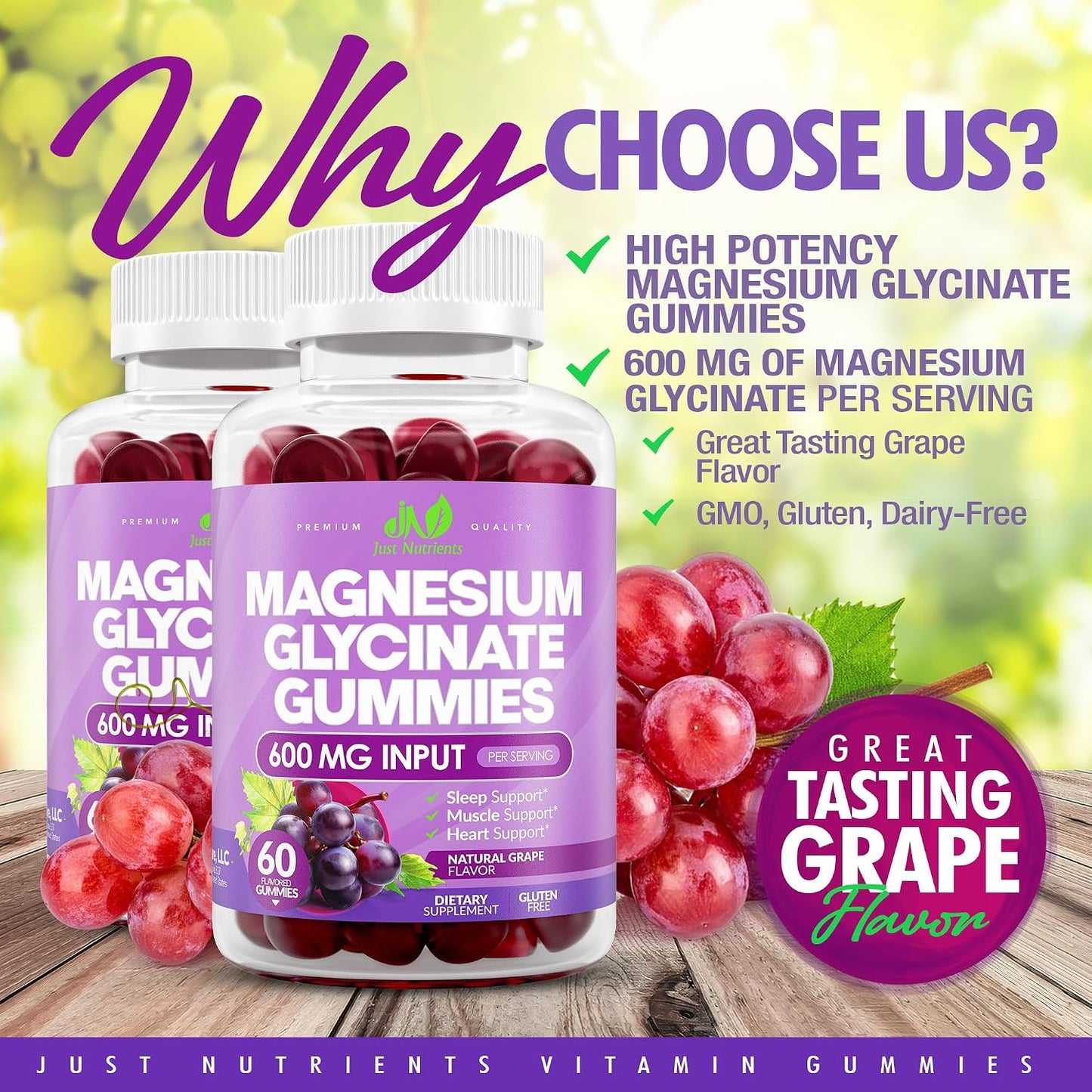 Magnesium Glycinate 600mg Gummies | Support for Sleep, Nerves, Immunity, Heart, Bones & Digestion - Natural Grape Flavor - 60 count