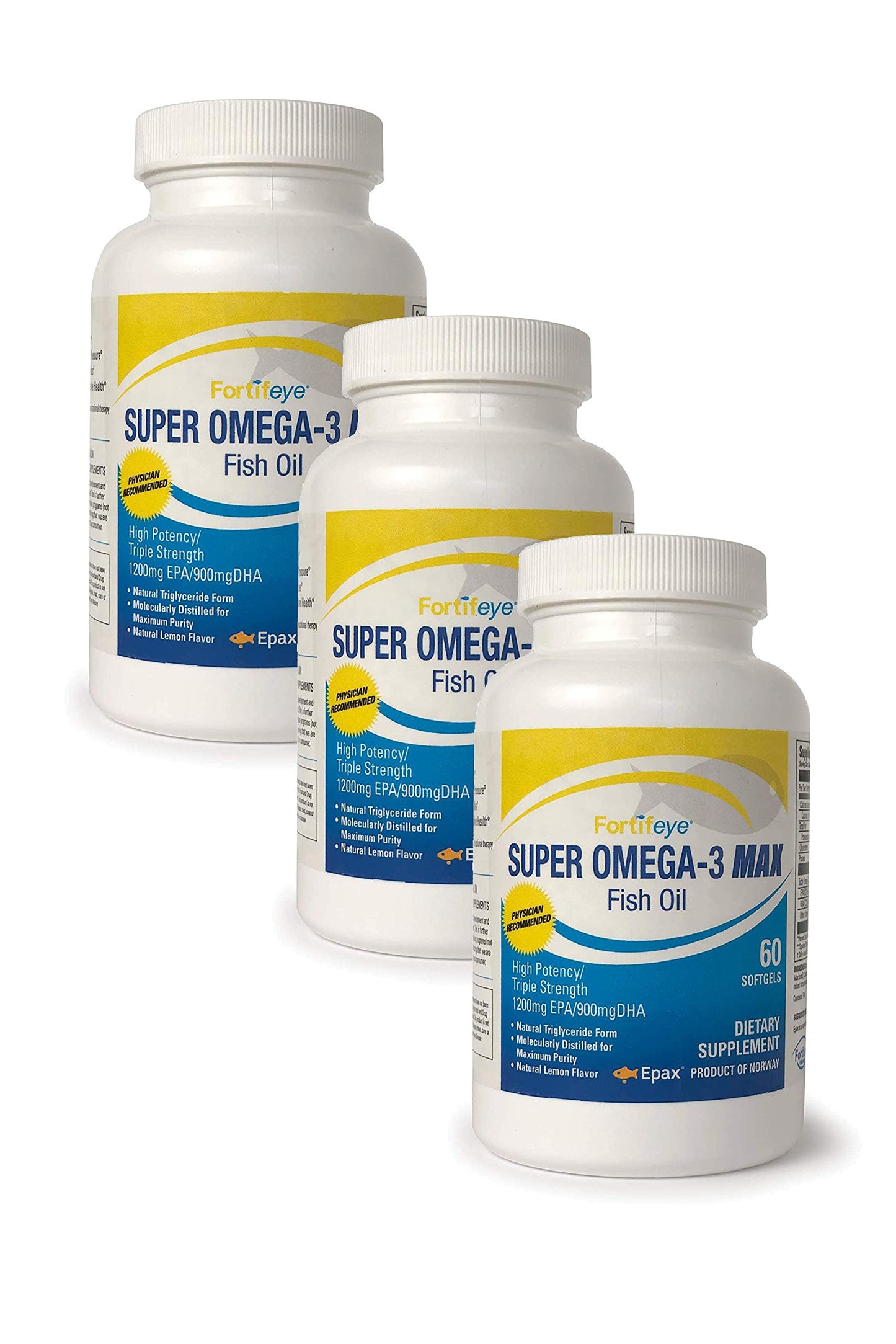 Fortifeye Super Omega-3 Max Fish Oil - 60 Count - Quadruple Strength Ultra-Pure rTG Omega-3-2400mg EPA + DHA in 2 Softgels - Expertly Concentrated & Purified in Norway from Wild Fish - Lemon Flavor