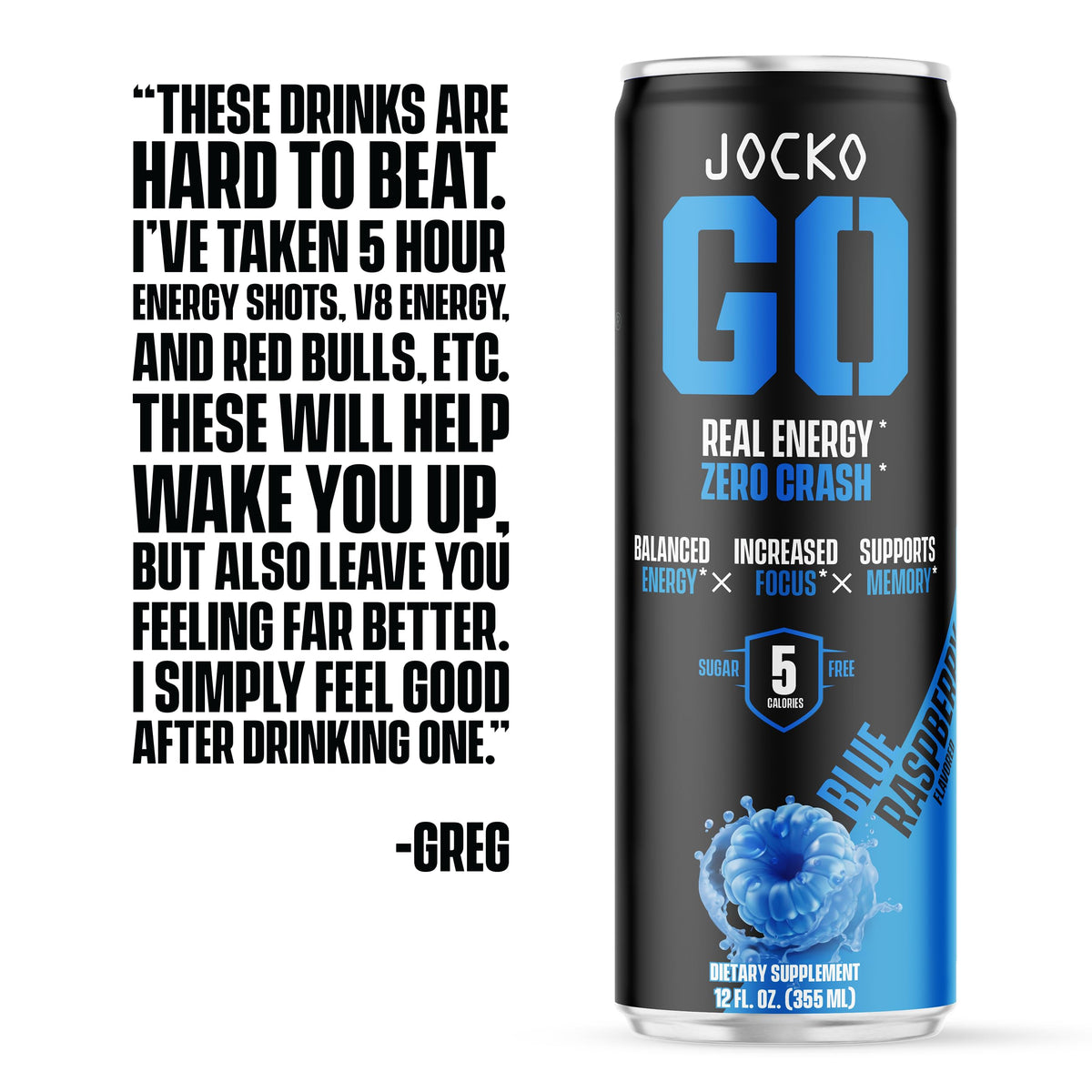 Jocko Fuel Blue Raspberry Energy Drink, 12 Pack, 0 Sugar, 95mg Caffeine, Supports Brain