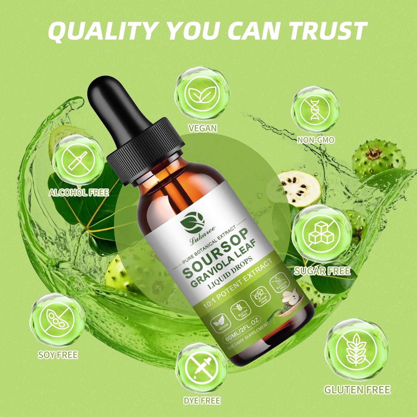 Lukaree Pure Soursop Graviola Leaf Extract for Immunity, Gut Health & Natural Energy Support – Soursop Bitters Liquid with Cold Extract – Vegan | Gluten-Free | 2 Fl Oz