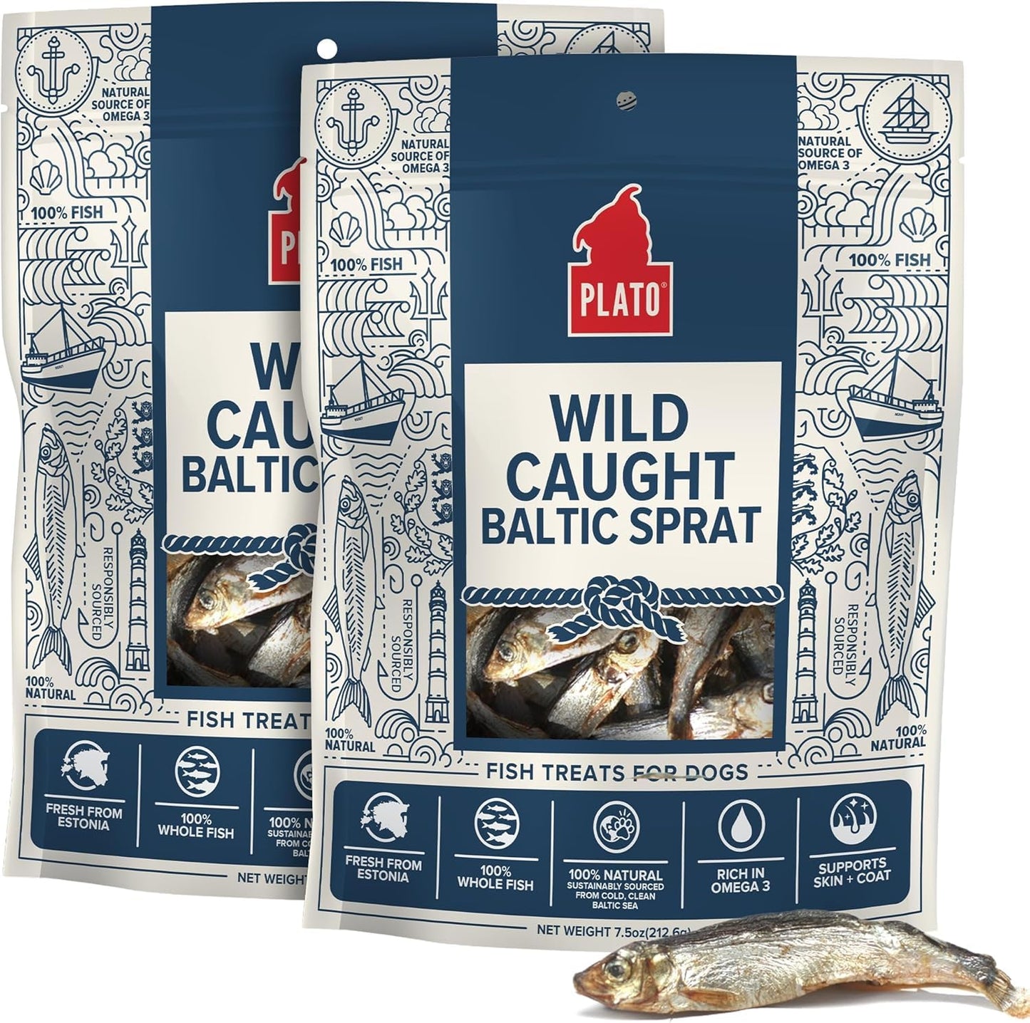 Plato Pet Treats Fish Dog Treats - Air-Dried, Single Ingredient Pet Treat - Omega 3 & 6 Fatty Acids to Support Skin and Coat - 100% Whole Fish - Wild Caught Baltic Sprat - 3 oz - 2 Pack