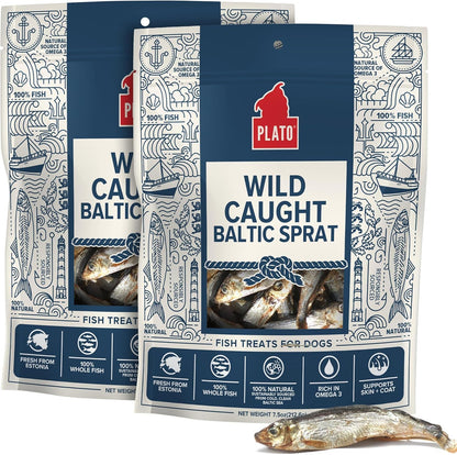 Plato Pet Treats Fish Dog Treats - Air-Dried, Single Ingredient Pet Treat - Omega 3 & 6 Fatty Acids to Support Skin and Coat - 100% Whole Fish - Wild Caught Baltic Sprat - 3 oz - 2 Pack