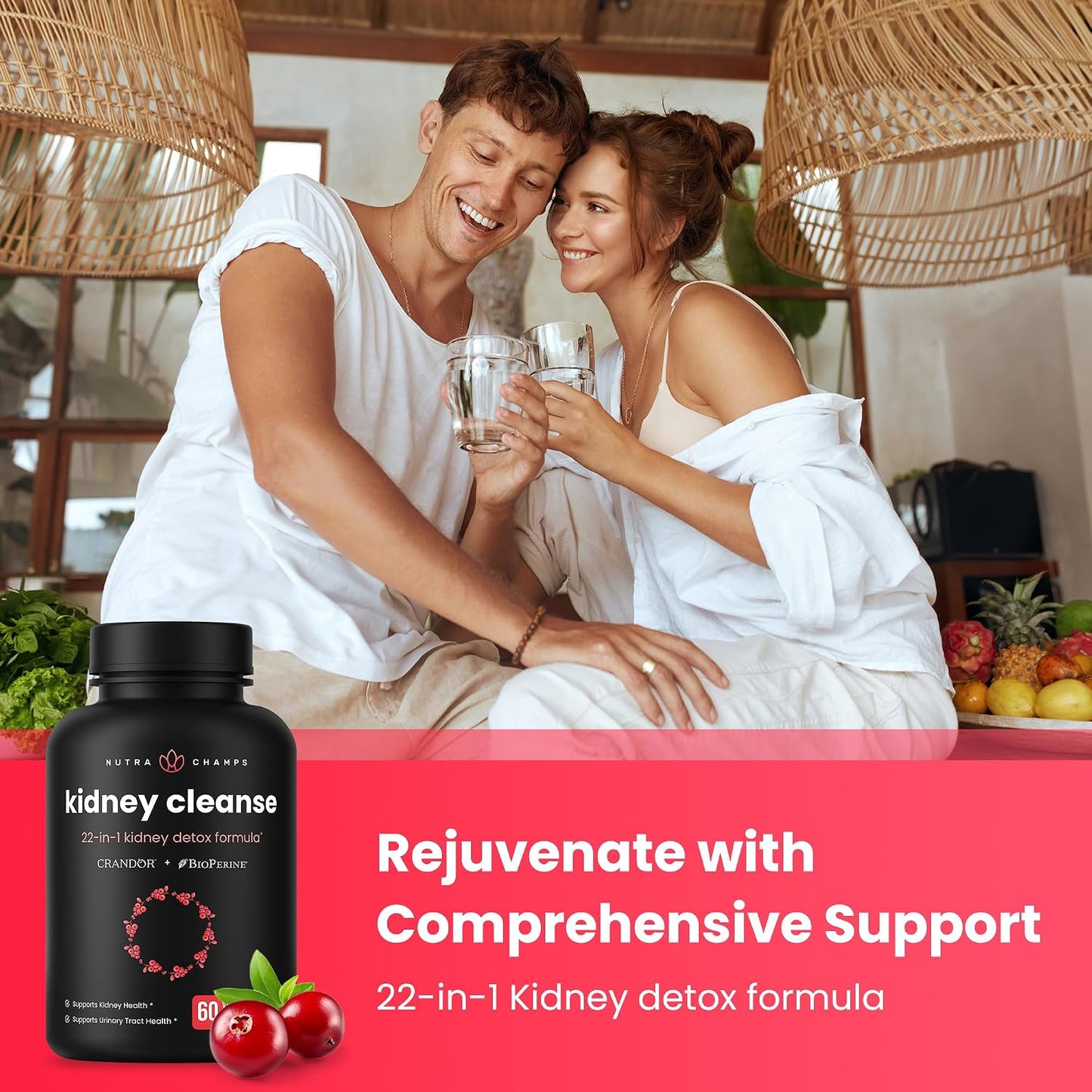 Kidney Cleanse Detox | 22-in-1 Kidney Support Supplement | Cranberry Pills Extract | Extra Strength Repair & Flush Premium Formula | Urinary Tract Health for Women & Men | 60 Vegan Capsules
