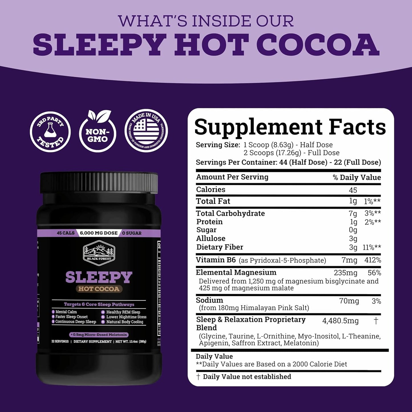 Black Forest Sleepy Hot Cocoa - Magnesium Hot Chocolate Sleepy Cocoa Sleep Powder for Adults with Melatonin & L-Theanine - Natural Sleep Drink Mix for Deep Sleep & Relaxation, Sleep Powder 22 Servings