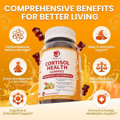 Lukaree Cortisol Supplements for Women & Men, 15 in 1 Cortisol Reducer Manager, Cortisol Calm Gummies with Ashwagandha, Magnesium, L-theanine, GABA - for Mood, Focus, Sleep - Vegan Sugar Free, 60 Ct.