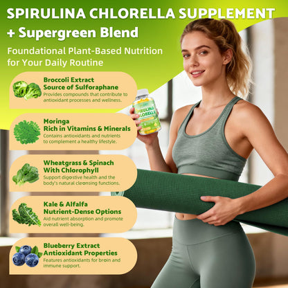 2 Pack Spirulina Chlorella Gummies, Supports Daily Energy & Immune System | Super Greens Blend with Protein, Chlorophyll, Vitamin C, D3, B12, Zinc, Pineapple Flavor, 120 Count