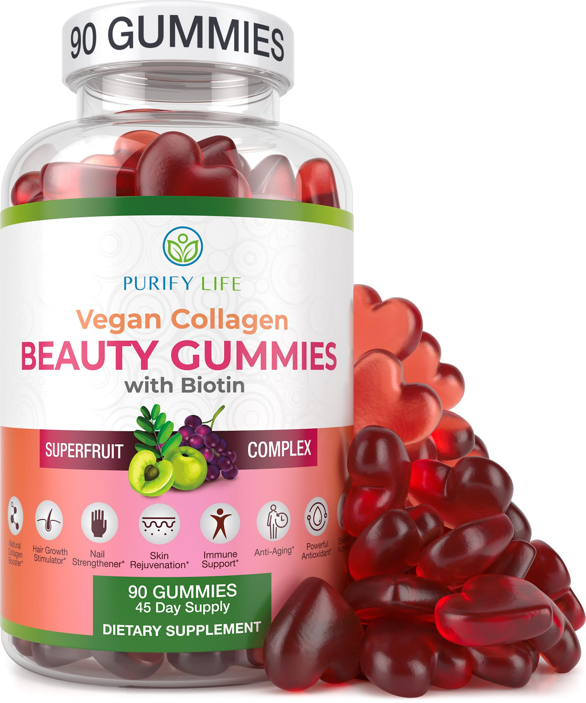 Purify Life Vegan Collagen Gummies with Biotin Vitamins for Hair Skin and Nails Health,