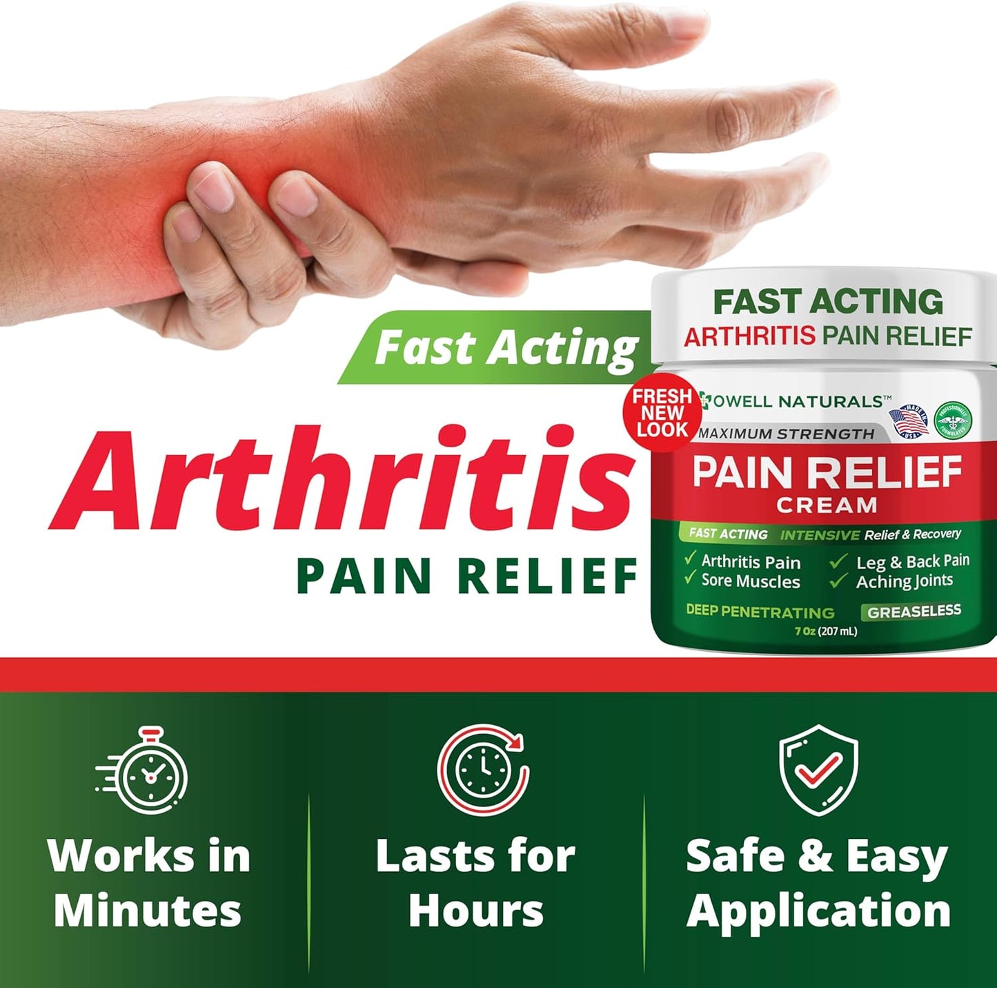 Owell Naturals Deep Penetrating Pain Relief Cream, Maximum Strength Formula for Joints & Muscles, Lower Back, Knees, Hands, Legs, Ankle – Fast Acting Comfort, 7 oz