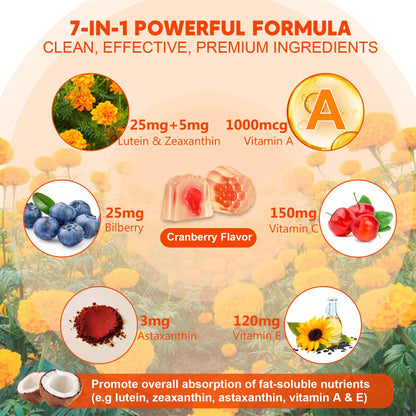 Sugar-Free Lutein Zeaxanthin Supplements Gummies (25mg) Vitamins A, C, E, Bilberry, Astaxanthin - Coconut Oil for Better Absorption - Adults & Teens Vision Health, Eye Strain, Dry Eyes - Vegan, 60Cts