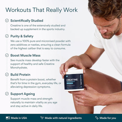Bettervits Creatine Monohydrate Powder – 100% Pure Micronized Creatine 5g | Unflavoured Creatine Workout Supplement for Muscle Strength, Power & Growth | Vegan Creatine for Women & Men | 60 Servings