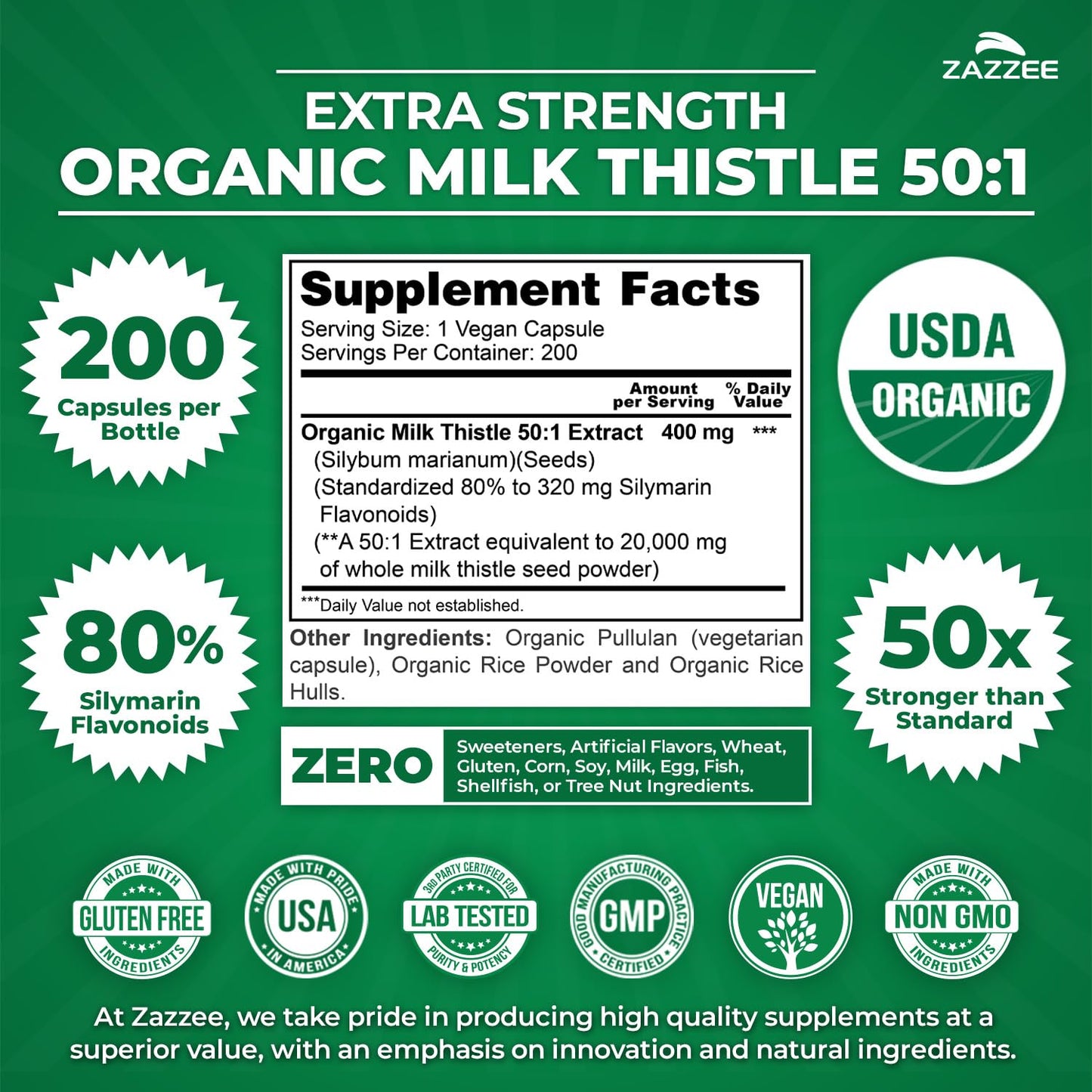 Zazzee USDA Organic Milk Thistle 50:1 Extract, 80% Silymarin Flavonoids, 200 Vegan Capsules, 6+ Month Supply, Silybum Marianum, Liver Support & Detox Support, Organic All-Natural, Non-GMO, Made in USA