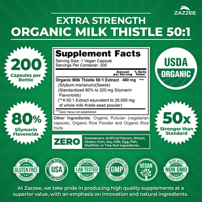 Zazzee USDA Organic Milk Thistle 50:1 Extract, 80% Silymarin Flavonoids, 200 Vegan Capsules, 6+ Month Supply, Silybum Marianum, Liver Support & Detox Support, Organic All-Natural, Non-GMO, Made in USA