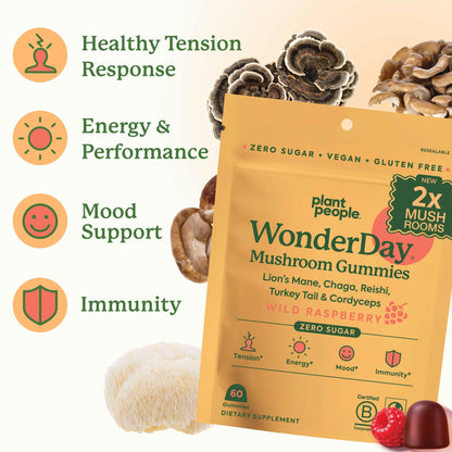 Plant People WonderDay Mushroom Gummies for Energy, Raspberry, 60ct