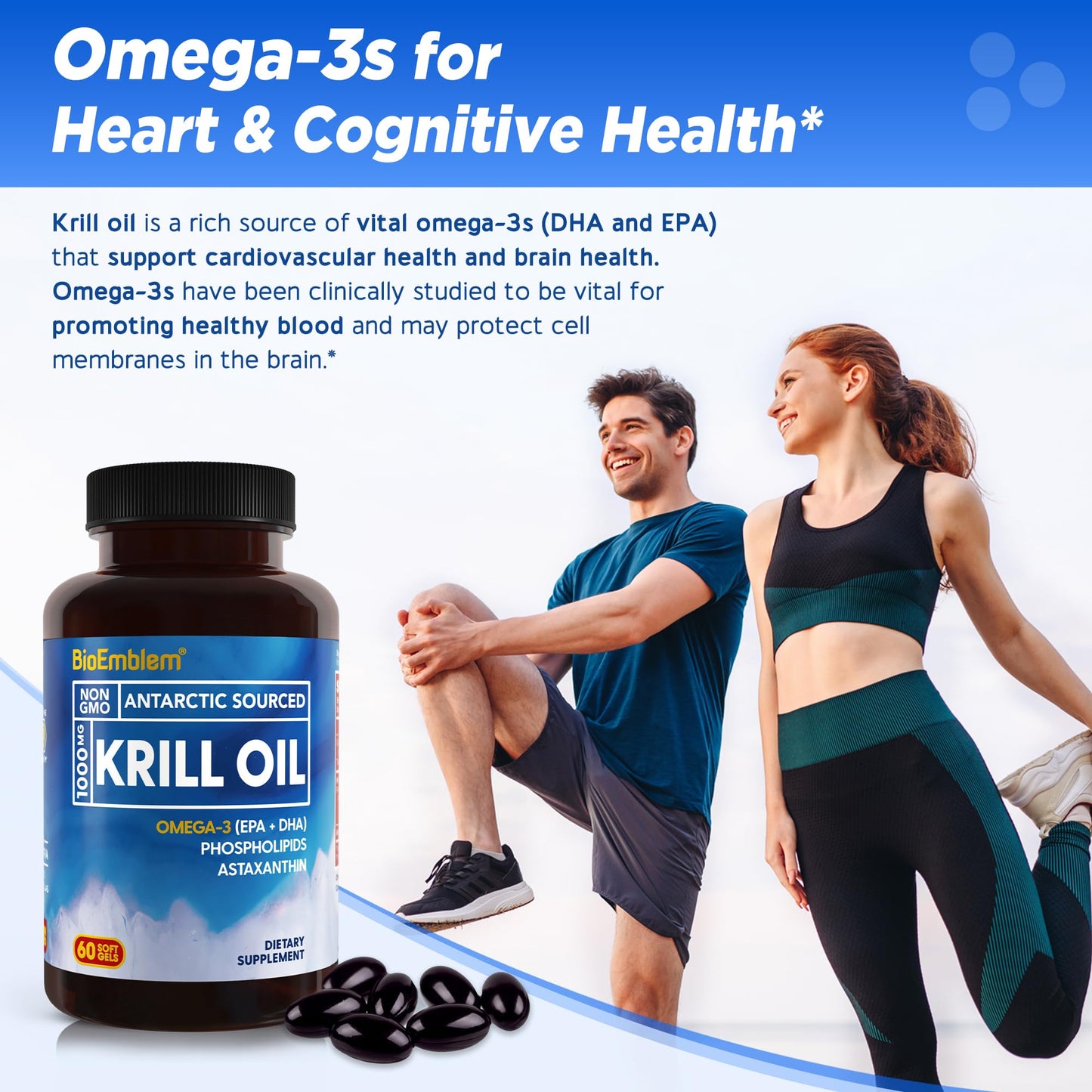 BioEmblem Antarctic Krill Oil Supplement | 1000mg Per Serving | Omega-3 Oil with High Levels of EPA + DHA, Astaxanthin, and Phospholipids | No Fishy Aftertaste | 60-Count Non-GMO Softgels