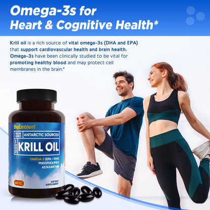 BioEmblem Antarctic Krill Oil Supplement | 1000mg Per Serving | Omega-3 Oil with High Levels of EPA + DHA, Astaxanthin, and Phospholipids | No Fishy Aftertaste | 60-Count Non-GMO Softgels